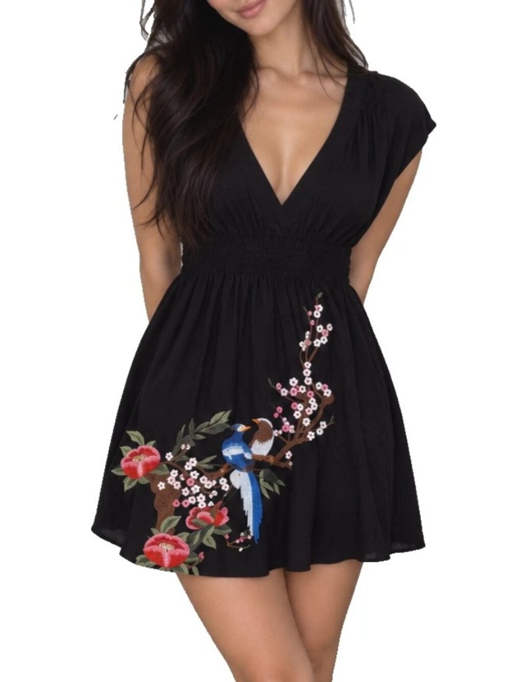 Johnny Was JWLA Black Floral Embroidered Sleeveless Dress S Small Bird Roses